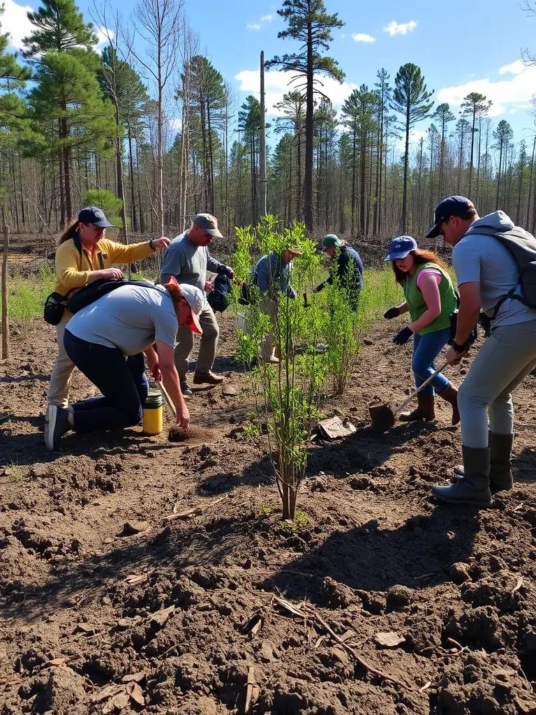 A serene image of SCB members planting trees in a deforested area, emphasizing the club's commitment to environmental conservation and habitat restoration.
