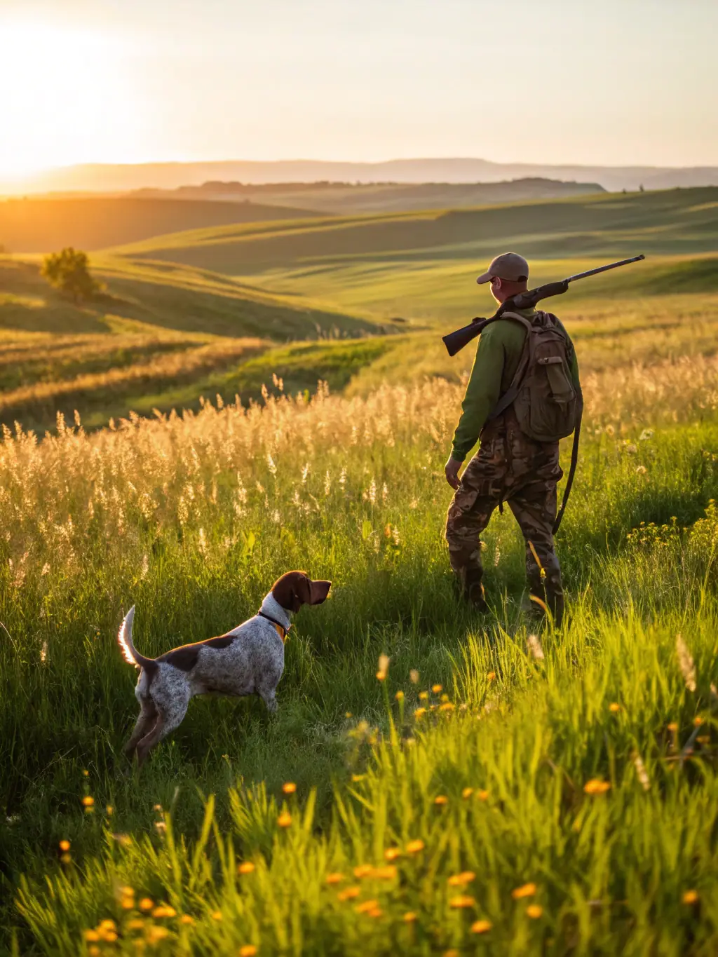 A dynamic shot of a hunting dog, mid-leap, retrieving a pheasant in a field of tall grass. The dog should appear focused and energetic, showcasing its training and skill.
