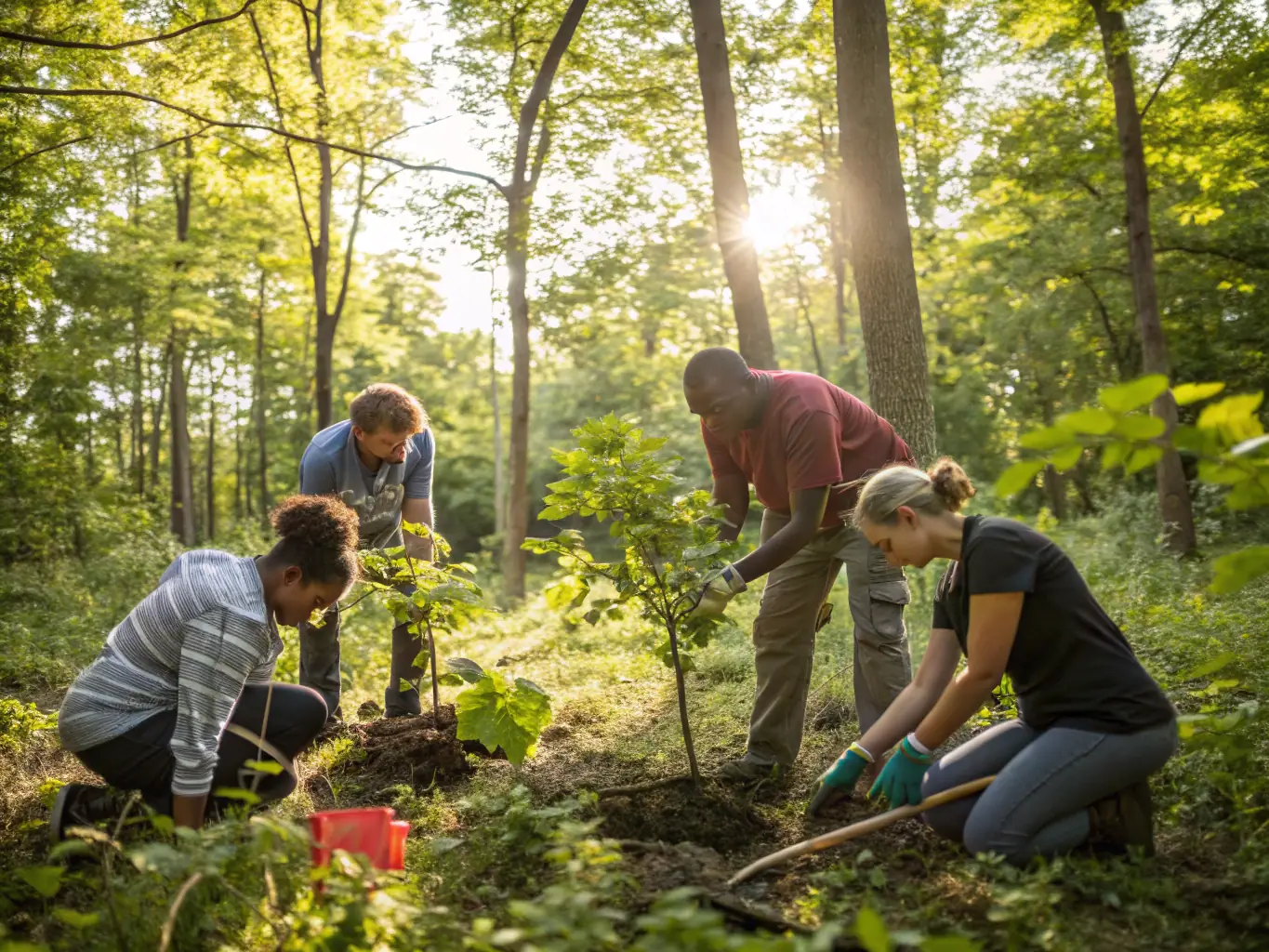 A photograph showcasing members of the Syndicat des Chasseurs de Barcelonnette engaged in a conservation project, such as habitat restoration or wildlife monitoring, highlighting their commitment to environmental stewardship.