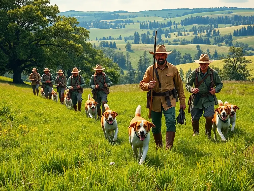 A photograph capturing a group of hunters participating in a guided deer hunt in the Barcelonnette region, showcasing responsible hunting practices and teamwork.