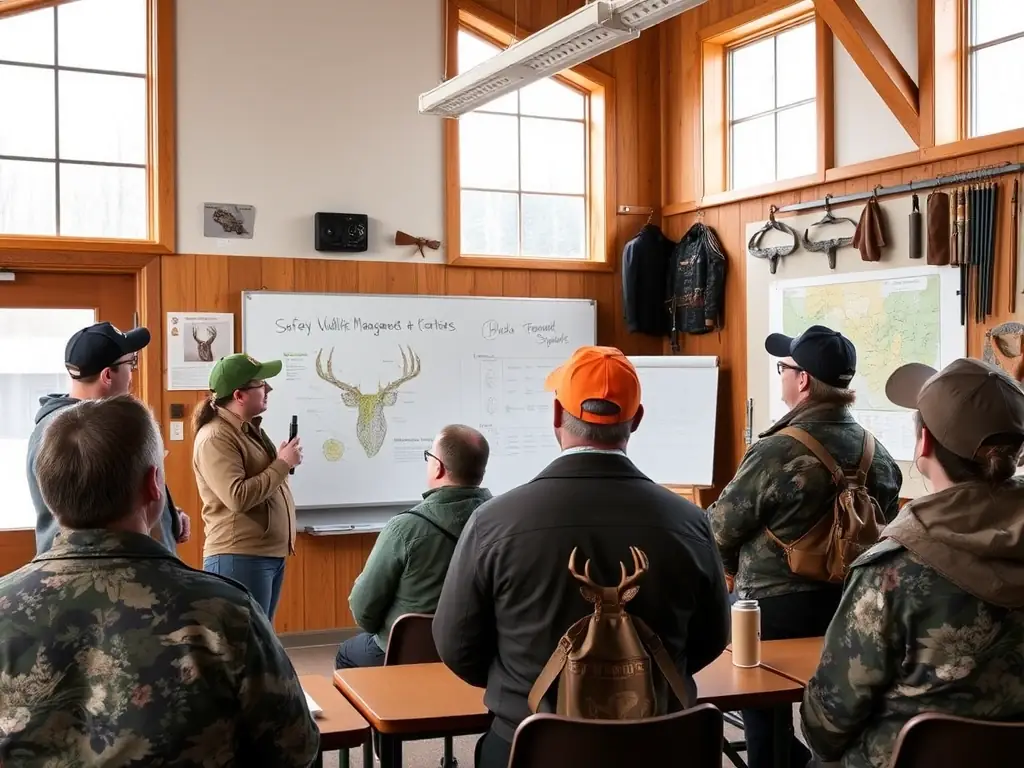 An image depicting a hunter participating in a training session on wildlife conservation and ethical hunting practices, emphasizing the importance of responsible hunting.