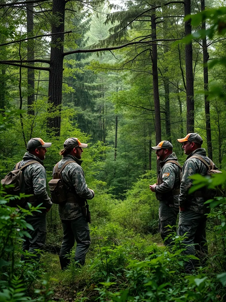 A high-quality photograph capturing a group of hunters in camouflage gear, gathered around a map in a dense forest, planning their hunting strategy. The image should convey a sense of camaraderie and preparedness.